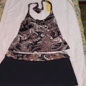 LAUREN by RL Women's 2-Piece Bathing Suit-Brn/Blk/Tan Paisley w/Skirt-EUC-Sz 12